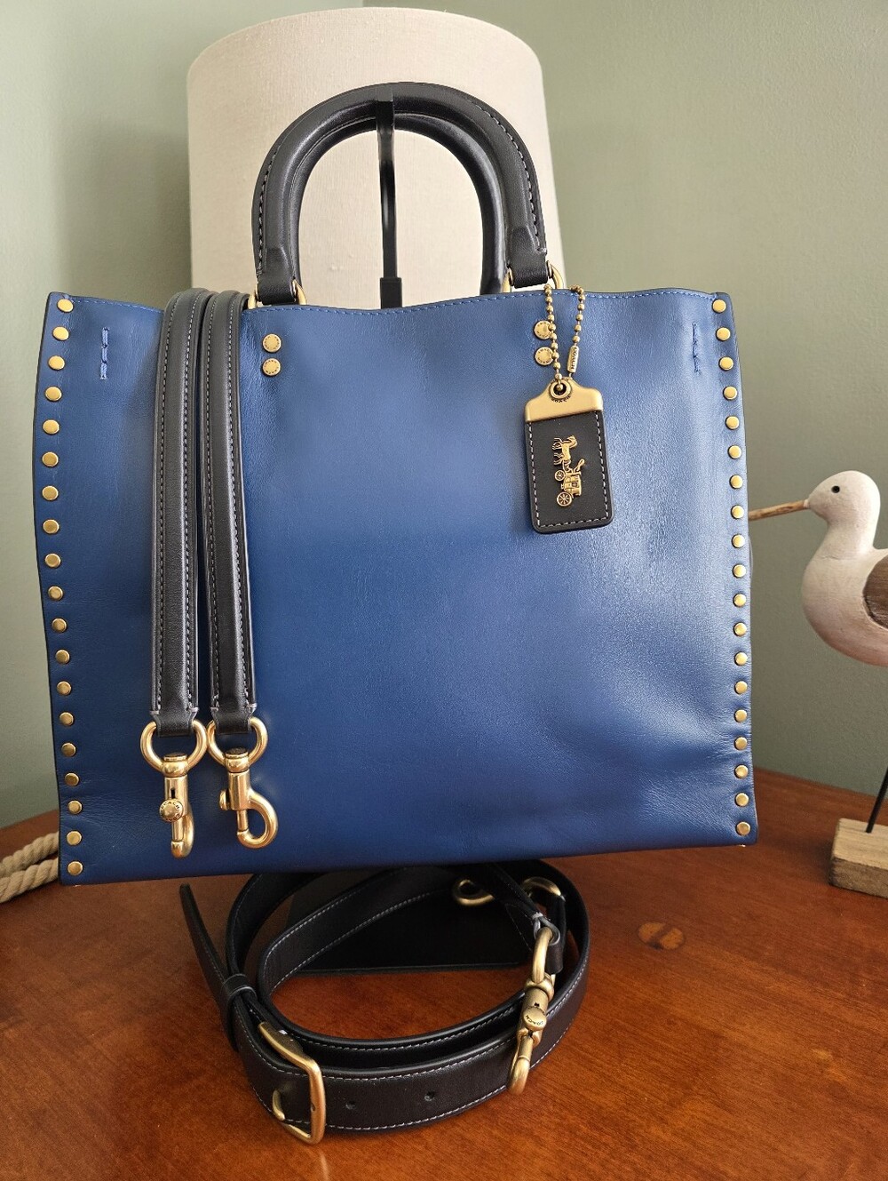 Coach CC381 Rogue 30 True Blue Colorblock Border Rivets Leather Satchel Bag